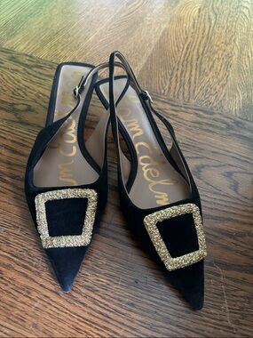 Sam Edelman Black Pointed Slingback Flats with Gold Glitter Buckle